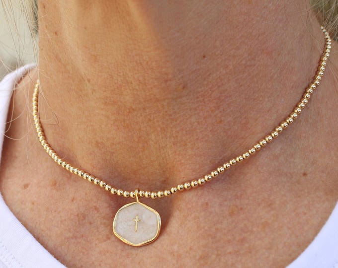14k Gold Filled Beaded Cross Necklace Handmade in USA • Gift for her • Free Fast Shipping • Ready to gift