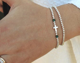 Sterling Silver Birthstone Cross Bracelet • Free Fast Shipping • Gift for Her • Stretch • Handmade in USA