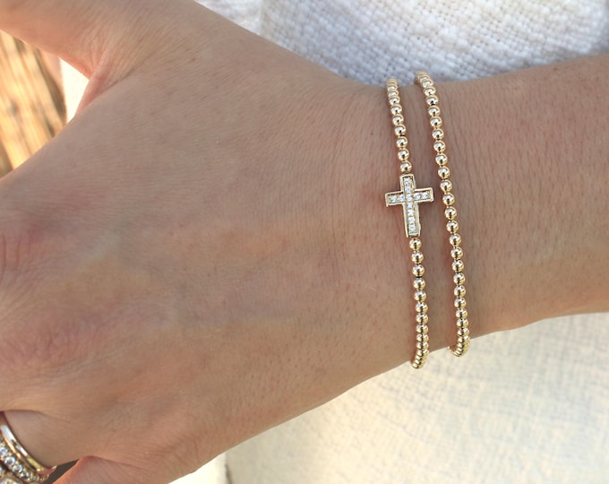 Gold Filled Cross Bracelet Handmade in USA • Free Fast Shipping • Beautiful Gift for Her • Stretch Design • 14k Gold Jewelry