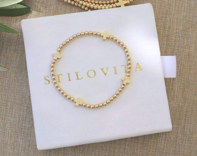 Gold Filled 4 Cross Bracelet Handmade in USA • Free Fast Shipping • Beautiful Gift For Her • Stretch Design • 14k Gold Jewelry