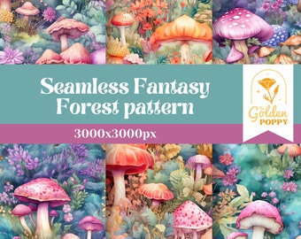 Seamless Fantasy Forest Pattern digital paper, fantasy Village pattern, Seamless Mushroom design, instant download, watercolor background