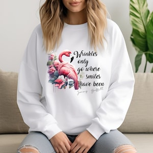 Wrinkles Only Go Where Smiles Have Been Sweatshirt, Jimmy Buffett Gift Tshirt, Cute Flamingo Tee, Jimmy Buffett Memorial T Shirt, Tote Bag