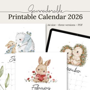 Könnte beinhalten: Digitaler, druckbarer Kalender für 2026 mit Illustrationen von niedlichen Tieren. Der Kalender enthält Bilder von einem Eisbären und einem Hasen, einem Hasen mit einem Herz und zwei Igeln. Der Text "Sannadorable Printable Calendar 2026" steht oben.