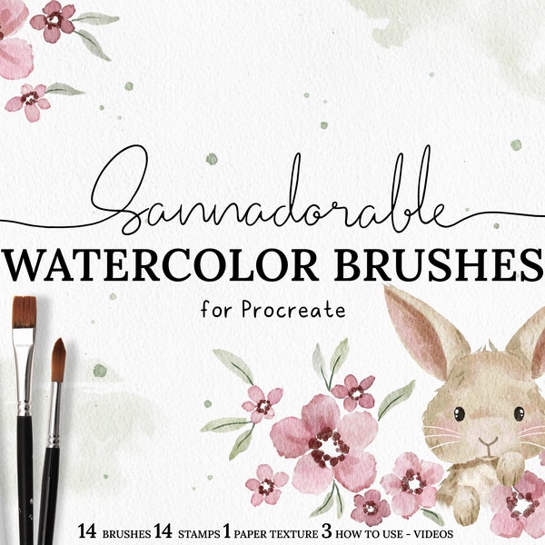 Sannadorable Watercolor Brushes for Procreate, Realistic Watercolor Brush Pack