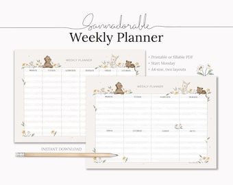 PRINTABLE Weekly Planner, Illustration by Sannadorable, Digital Planner, Weekly Planner, Weekly Organizer, Week at a glance, To Do List, PDF