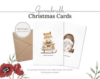 Tarjetas IMPRIMIBLES, Tarjetas de felicitación, Tarjetas navideñas, Tarjetas plegadas A6, Imprimir en casa, Tarjetas digitales, Descarga instantánea, Tarjetas lindas, Sannadorable