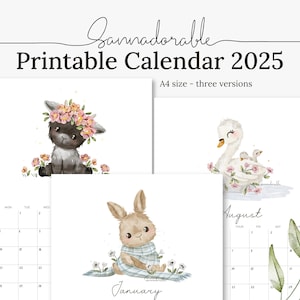 DRUCKBARER Kalender 2025, Niedliche Aquarell Illustrationen von Sannadorable, Digitaler Kalender, Sofort Download, A4