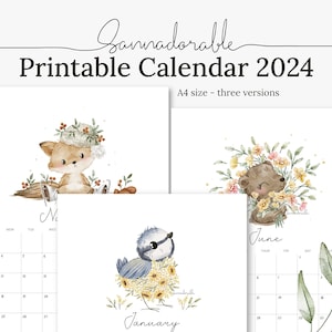 Calendrier IMPRIMABLE 2024, Illustrations aquarelles mignonnes par Sannadorable, Calendrier numérique, Planificateur mensuel, Téléchargement instantané, A4 image 1