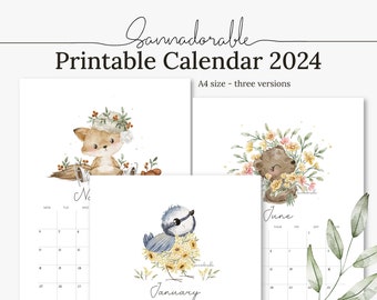 Calendrier IMPRIMABLE 2024, Illustrations aquarelles mignonnes par Sannadorable, Calendrier numérique, Planificateur mensuel, Téléchargement instantané, A4