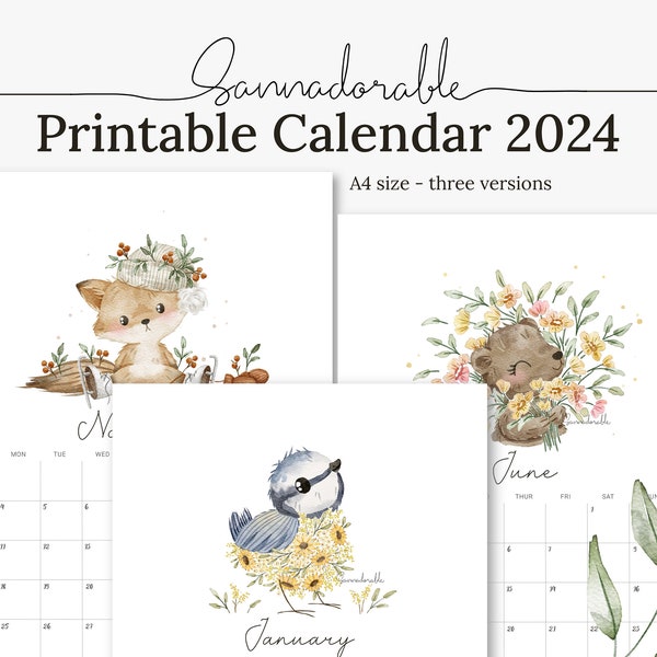PRINTABLE Calendar 2024, Cute Watercolor Illustrations by Sannadorable, Digital Calendar, Monthly Planner, Instant Download, A4