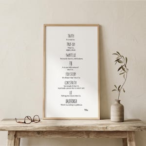 May include: A vertical rectangular wall art print in a light wood frame featuring black text on a white background. The text lists definitions for Truth, True-ish, White Lie, Fib, Fish Story, Construth, Lie, and Balderdash in a simple font.