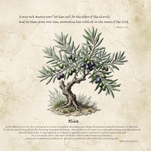 Biblisk olivträd helande ört botanisk konsttryck Jakob 5:14 Skrift Dürer stil etsning