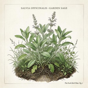 Può includere: Un'illustrazione botanica di una pianta di salvia da giardino Salvia officinalis con foglie verdi e fiori viola. Le radici sono visibili nel terreno alla base. Il testo in alto recita SALVIA OFFICINALIS GARDEN SAGE e in basso A.D. 1503.