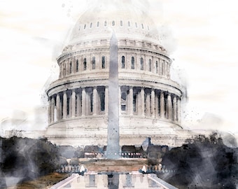 Capitol Building Digital Watercolor Digital Print