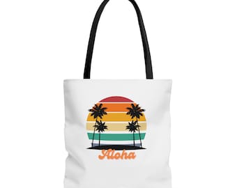 Aloha Tote Bag (AOP), Aloha Hawaii Retro Tote Bag, Retro, Diseño Retro, Puesta de sol hawaiana, Regalo de vacaciones, Carryall, Bolsa de playa, Bolsa de compras