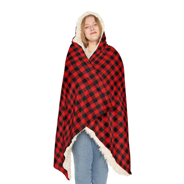 Red Black Gingham Snuggle Blanket Wearable Blanket, Hooded Blanket, Microfleece or Sherpa