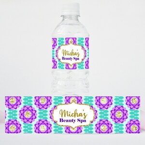 Spa Party Collection Water Bottle Labels, personalized Water Bottle Labels in teal, purple and gold glitter printable water bottle labels