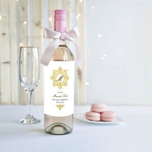 Elegant First Holy Communion wine bottle labels, beautifully designed in white and gold flourish details, personalized printable label set