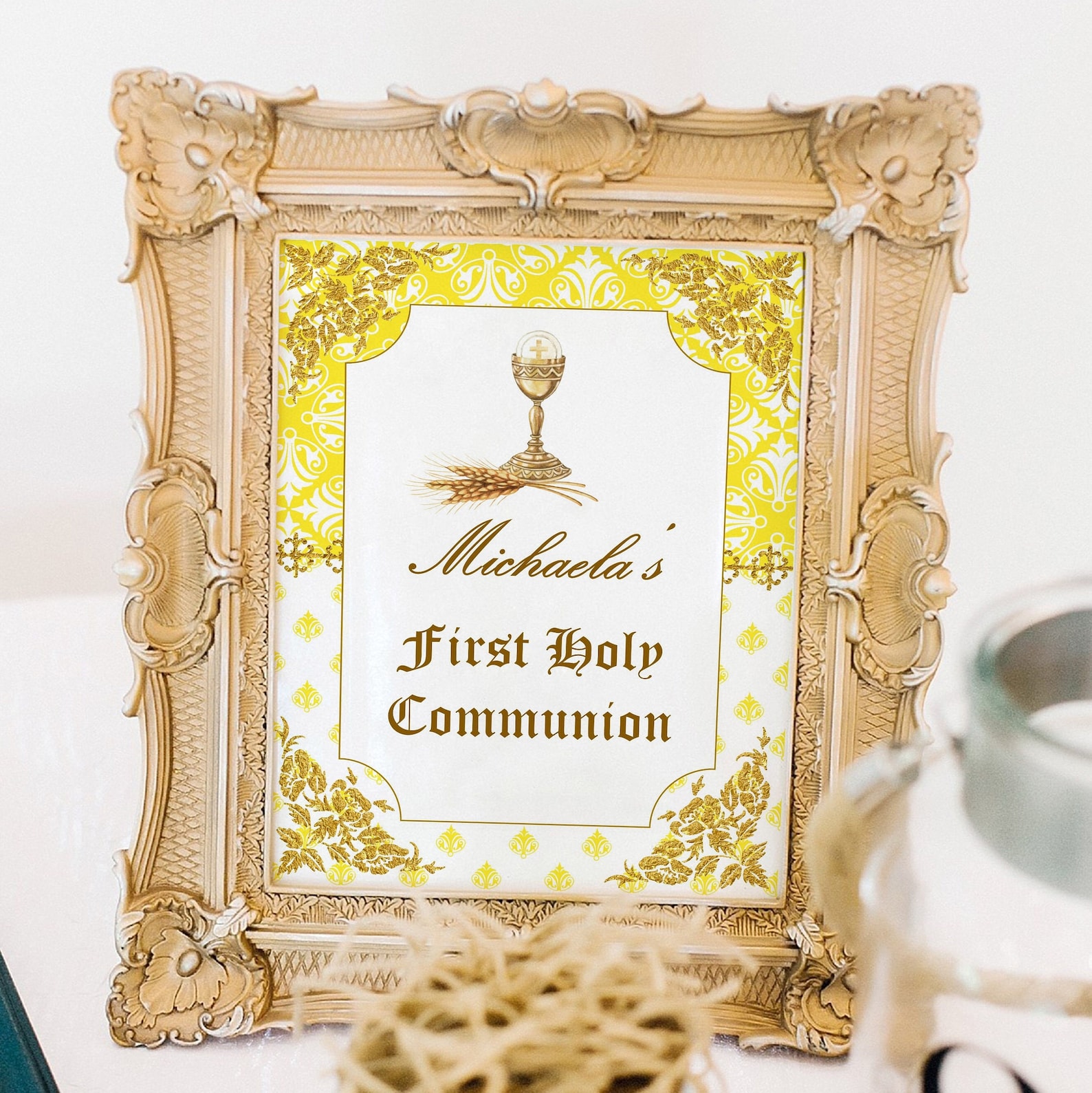 Flourish First Holy Communion Table Sign, Designed in White and Yellow ...