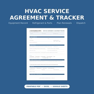 May include: An HVAC service agreement and equipment record form template with sections for client information, service details, equipment condition, and scheduling. The document includes fields for business name, dates, and checkboxes for tracking.