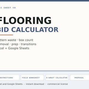 May include: A digital flooring bid calculator template for Excel and Google Sheets. The document features the text Spec Sheet Co, Flooring Bid Calculator, and lists features including pattern waste, box count, removal, prep, and transitions.