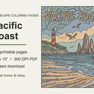 Puede incluir: Un conjunto de 17 páginas para colorear imprimibles tituladas Pacific Coast, con una ilustración de 20,32 cm por 25,4 cm de un faro, acantilados rocosos y gaviotas en una playa. La obra utiliza una paleta de colores suaves y líneas detalladas.