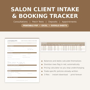 Client Intake Form and Booking Tracker Spreadsheet, Salon Lash Nail Client Log, Printable Consultation Form, Excel Google Sheets, Beauty