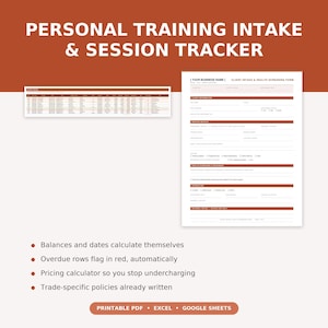 May include: A personal training intake and session tracker document set featuring a horizontal spreadsheet view and a vertical client intake and health screening form. The design uses a rust-orange color scheme with white text and lines.