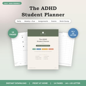 Op de afbeelding: De ADHD Student Planner is een digitale documentenset met 14 pagina's in A4 en US Letter formaat. Het bevat secties voor dagelijkse en wekelijkse planning, opdrachten, examens en notities, ontworpen met een rustige, prikkelarme lay-out.