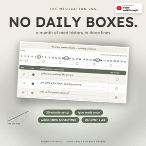 Könnte beinhalten: Eine Medikamenten-Protokollvorlage mit dem Titel NO DAILY BOXES für einen Monat Medikationshistorie in drei Zeilen. Sie enthält einen nummerierten Kalender von 1 bis 31, eine Tabelle für tägliche Notizen und Labels wie 20-minute setup und US Letter + A4.