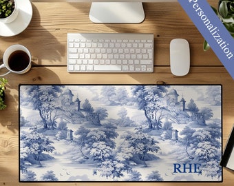 Custom Blue Toile Print Monogram Desk Mat, Personalized Gaming Mouse Pad Large Mousepad, Office gifts for her, Cute Desk Mat Pad, Keyboard
