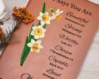 Diario de oración personalizado, regalo cristiano para hermana, afirmaciones positivas de Dios, cuaderno de cuero personalizado para Navidad o cumpleaños