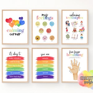 Calm Corner Posters | 6 Digital Files AND Directions for How to Create a Calming Corner | BRIGHT Rainbow | Toddler Preschool Children