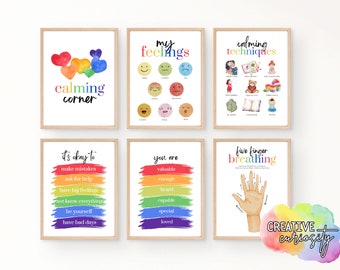 Calm Corner Posters | 6 Digital Files AND Directions for How to Create a Calming Corner | BRIGHT Rainbow | Toddler Preschool Children