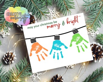 Merry and Bright Handprint Art | Christmas Keepsake | Grandparent Family Gift From Child | Christmas Art Project