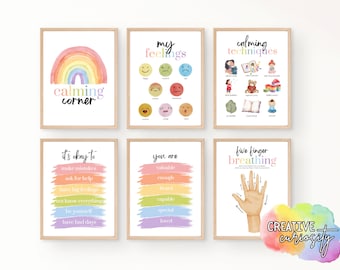 Calm Corner Posters | 6 Digital Files AND Directions for How to Create a Calming Corner | PASTEL Rainbow | Toddler Preschool Children