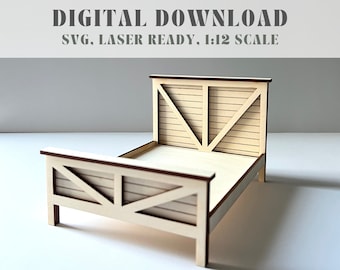 SVG 1:12 Scale Farmhouse Bed | Dollhouse Furniture | Digital Download | 3mm | Laser Cut File | Glowforge, Cricut