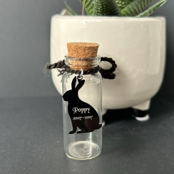 Personalised Pet Rabbit Bunny Hair Memorial glass bottle, Glass vial for hair fur or Ashes, with Black Acrylic