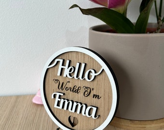 Oak Personalised Baby Announcement Plaque sign Hello Welcome to the world Baby Shower my name is, Social photo prop, new arrival signs