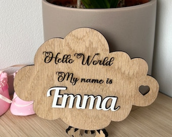 Oak Personalised Baby Announcement Plaque sign Hello Welcome to the world Baby Shower my name is, Social photo prop, new arrival signs