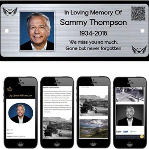 May include: A silver memorial plaque with a photo of a smiling man, Sammy Thompson, and the years 1934-2018. The text reads "In Loving Memory Of" and "We miss you so much, Gone but never forgotten."