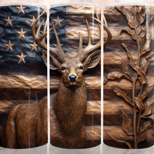 Faux Engraved Wood Deer and Flag Tumbler| Personalized Tumbler| 20 Ounce Tumbler| 30 Ounce Tumbler| Man Gift| Sports Bottle| Hunting| Buck
