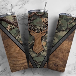 Camo and Wood Deer Tumbler| Personalized Tumbler| 20 Ounce Tumbler| 30 Ounce Tumbler| Man Gift| Sports Bottle| Hunting| Deer Mount| Boy Gift
