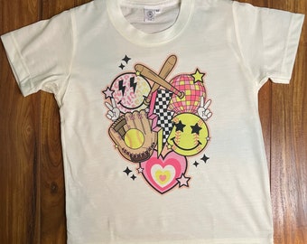 Retro softbal collageshirt jeugd- en volwassenmaat| Handschoen| Vleermuis| Hart| Softbal| Smiley| Verheldering| Softbalshirt| Speldag| Retro softbal