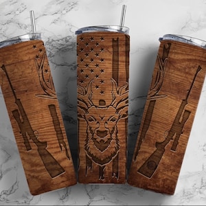 Faux Engraved Wood Deer and Rifles Tumbler| Personalized Tumbler| 20 Ounce Tumbler| 30 Ounce Tumbler| Man Gift| Sports Bottle| Hunting
