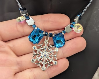 Snowflake Set: Silver Snow Flake pendant, Light Blue Rectangular Gems, Silver Arrows and Glass Beads, Zircon Round Earrings, Arrows Bracelet