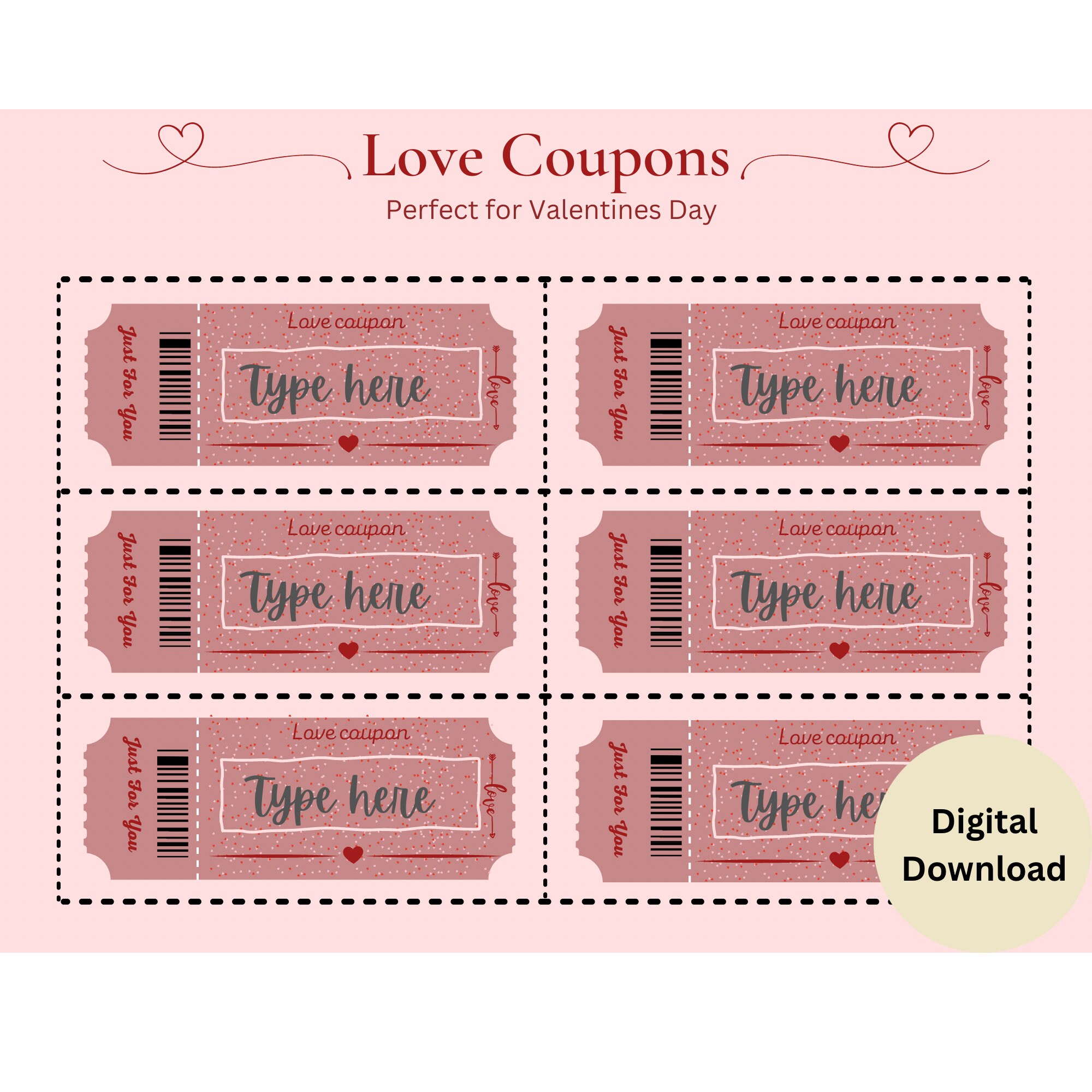 Digital Valentines Love Coupon Voucher Template Valentines Editable ...