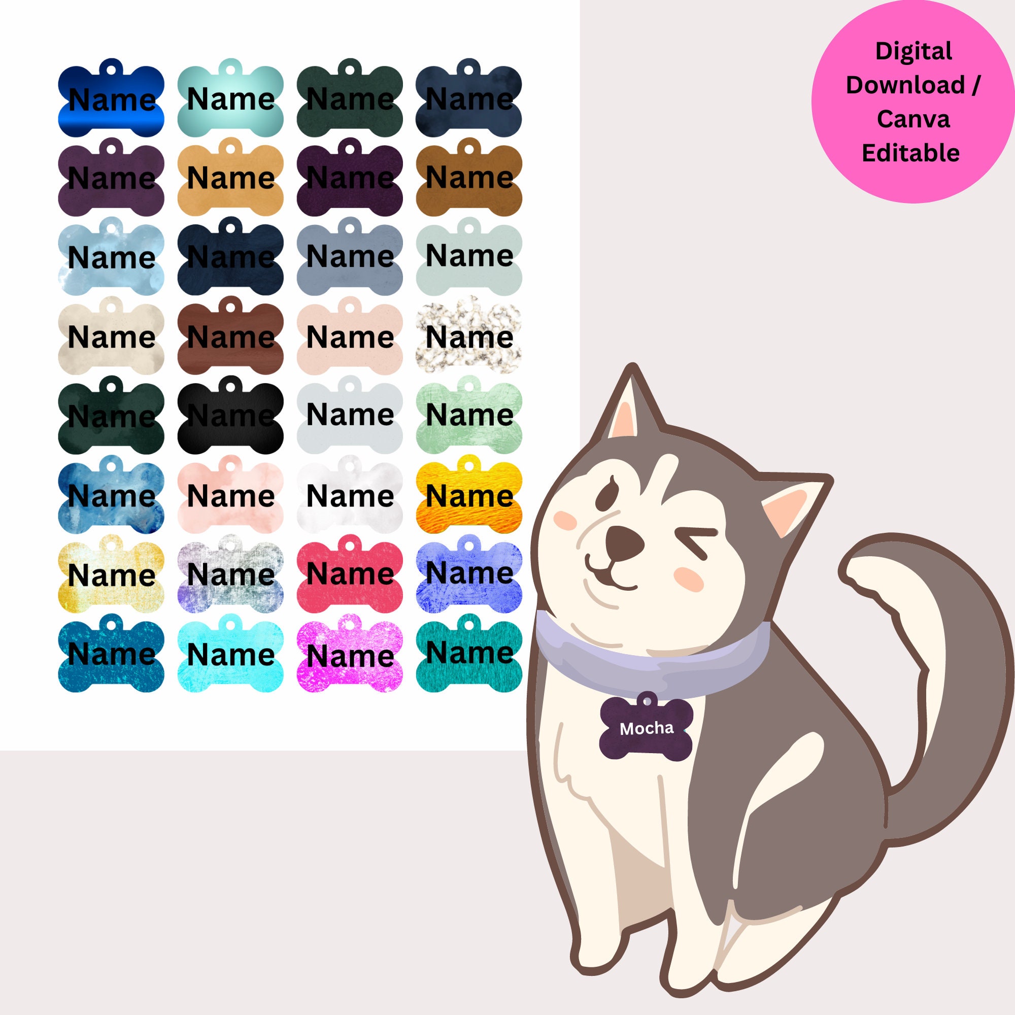 Dog ID Tag, Dog Name Tag Template, Digital Dog Tag, Custom Dog Name Tag