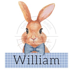 May include: Watercolor illustration of a brown bunny wearing a blue bow tie. The bunny is positioned above a blue and white gingham rectangle with the name "William" in black text. The image has a soft, artistic style.