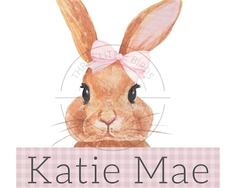 Pink Bunny Gingham Name PNG, sublimation, watercolor bunny, kids easter shirt, girls easter bunny bow png, digital download
